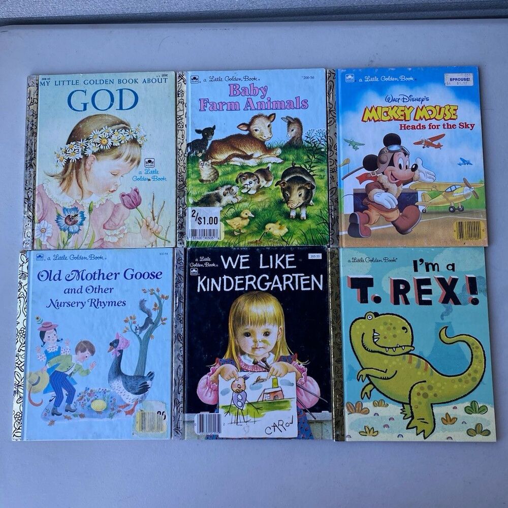 Vintage Little Golden Books Lot 6 Mickey Mouse God Nursery Rhymes Animals T-Rex